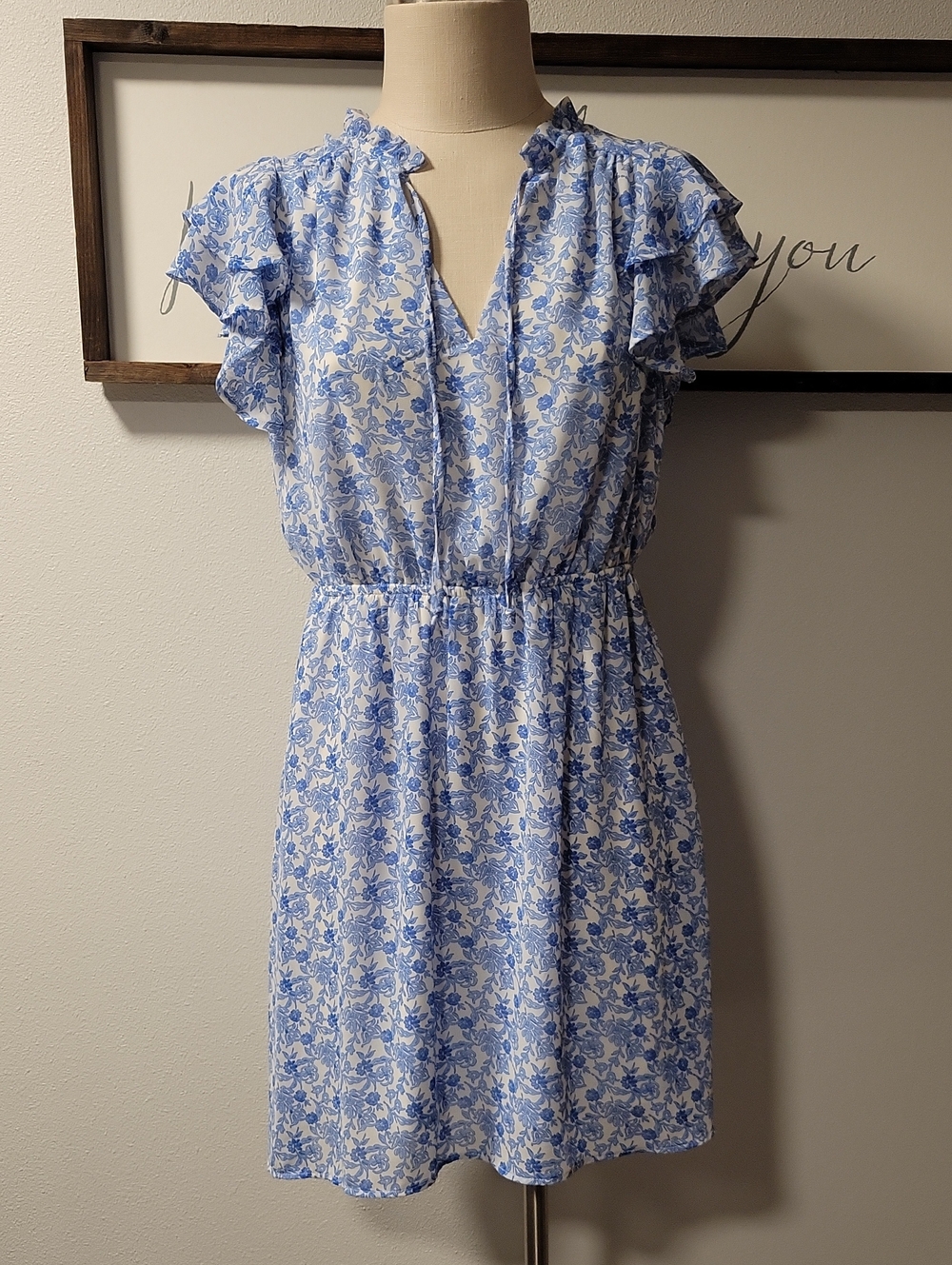 Monteau Light Blue Floral Ruffle Sleeve Mini Dress